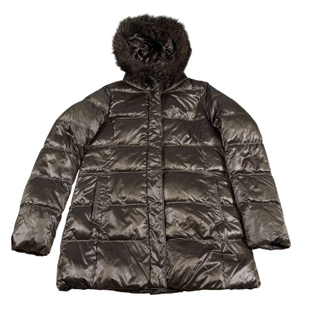 Uniqlo Women's M Brown Shiny Nylon Down Puffer Coat Faux Fur Hood